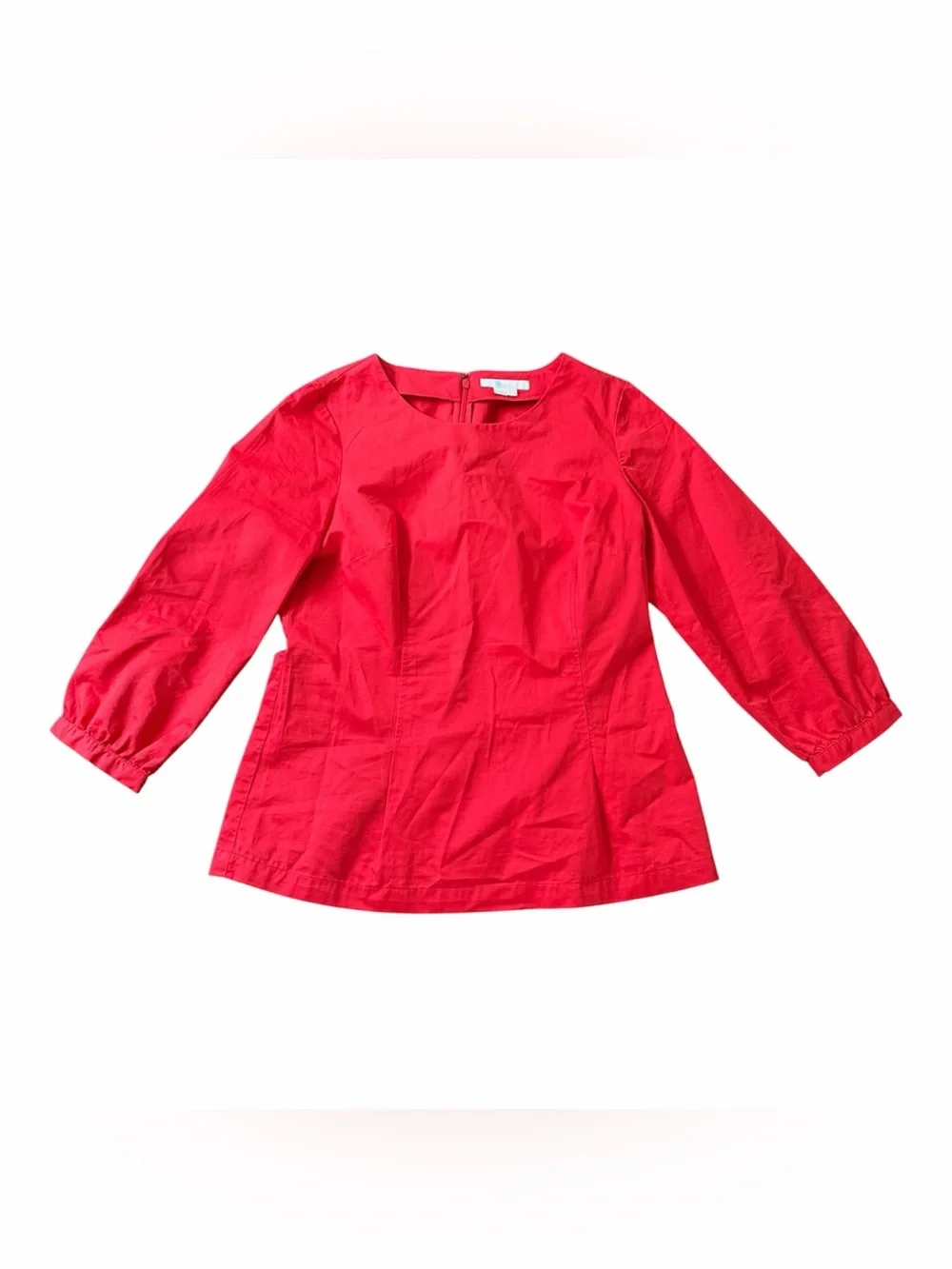 Boden Red Cotton Round Neck Puff 3/4 Sleeve Back Zip Peasant Blouse Women's 8